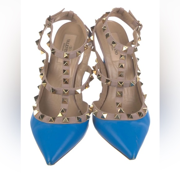 VALENTINO Rockstud Accents Leather Gold Stud T-strap Bright Blue Pump Heel 37 - Picture 3 of 15